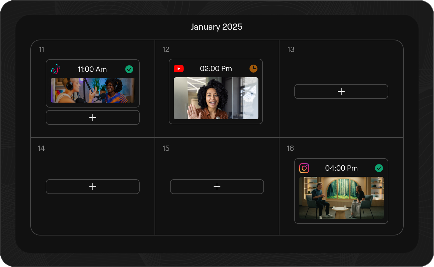 A month in the reap calendar with a scheduled post on three of the days: TikTok at 11:00 am, YouTube at 2:00 pm and Instagram at 4:00 pm, each showing its own status, and an add button waiting on every open day