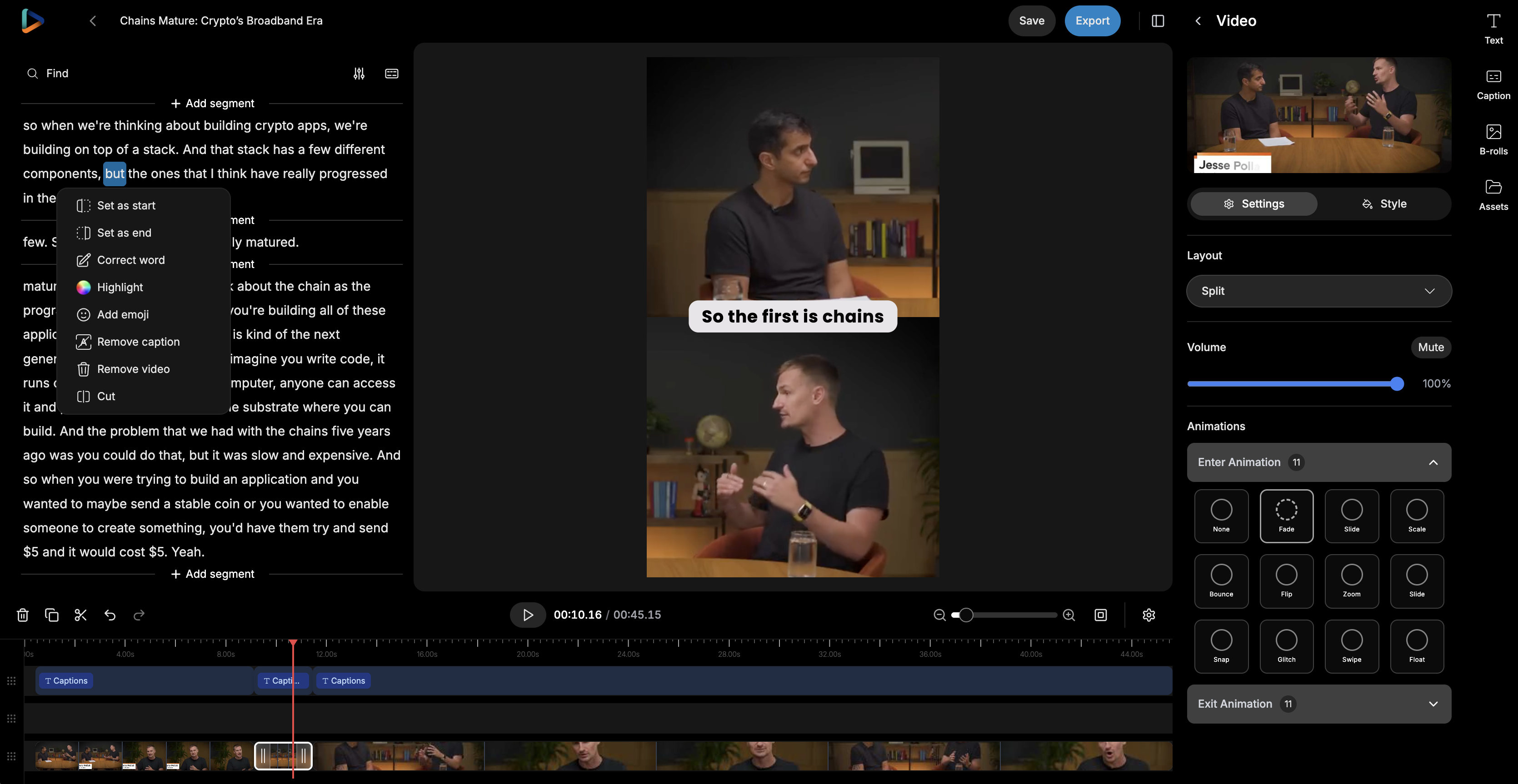 reap's editor: the clip transcript on the left with a word selected and its menu open on Set as start, Set as end, Correct word, and Highlight, the captioned preview in the middle, and layout and animation settings on the right