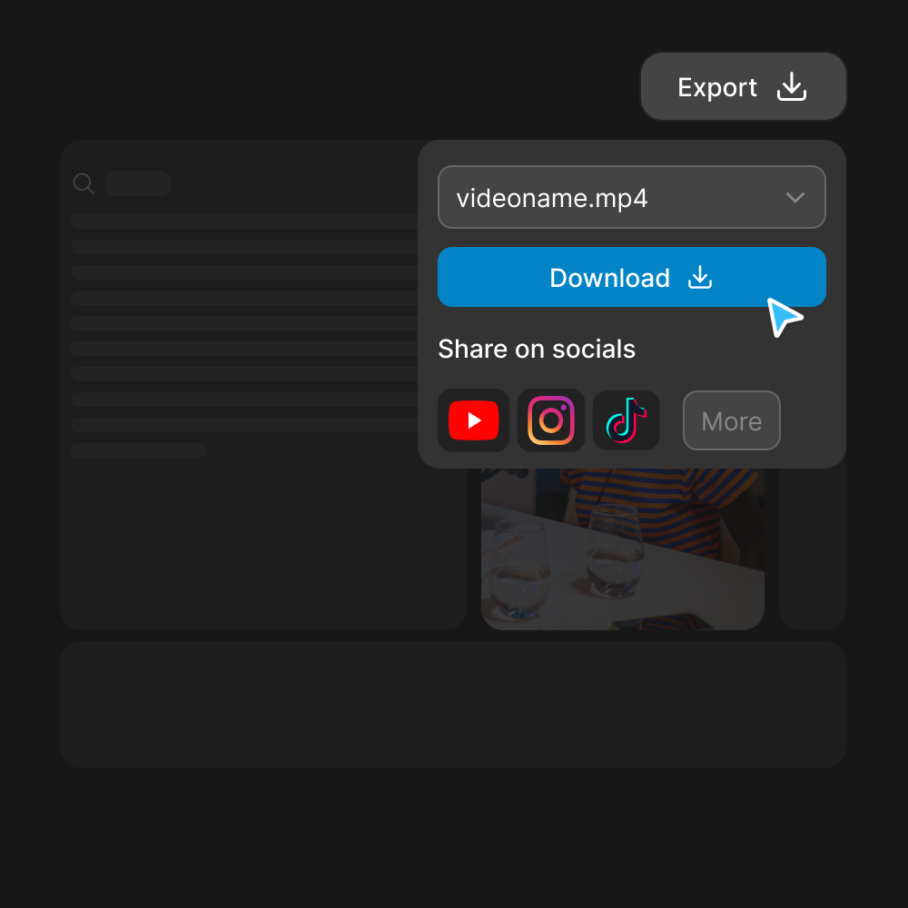 Export menu with a Download button and YouTube, Instagram, and TikTok share options