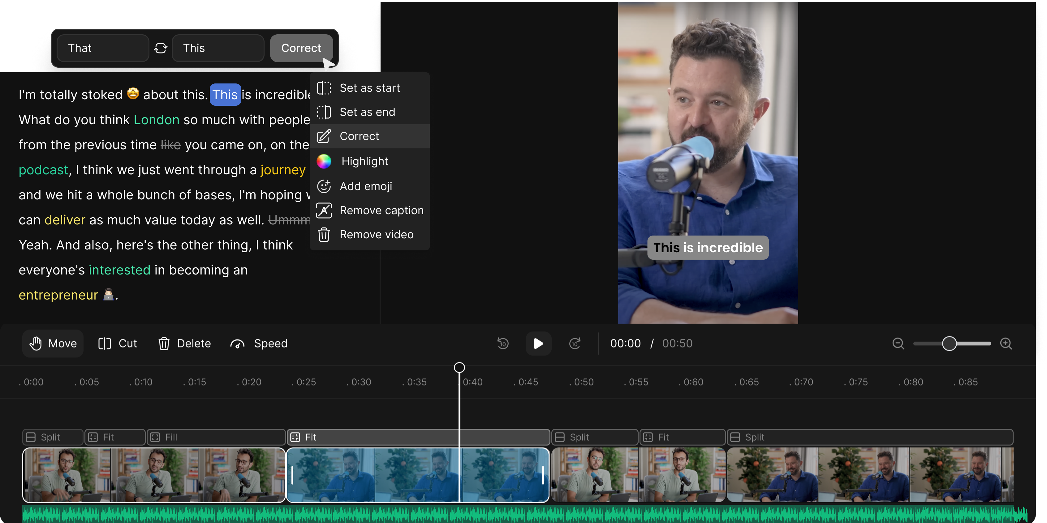 Text-based video editing with inline transcript controls