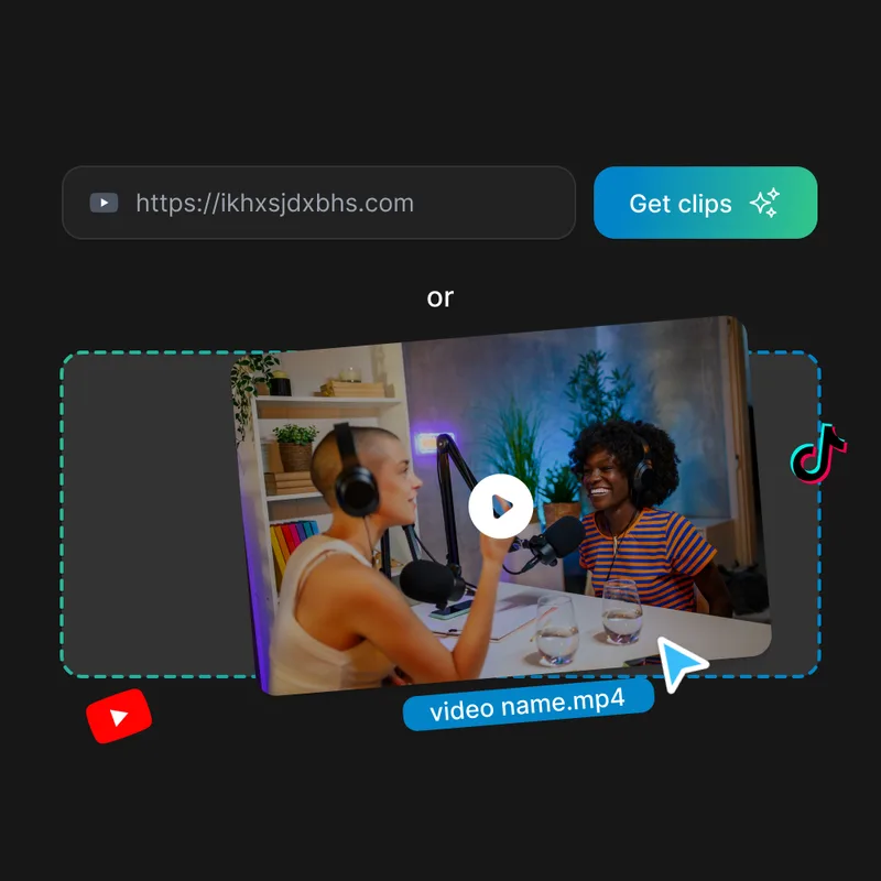 Upload step with a drag-and-drop area and a YouTube link field