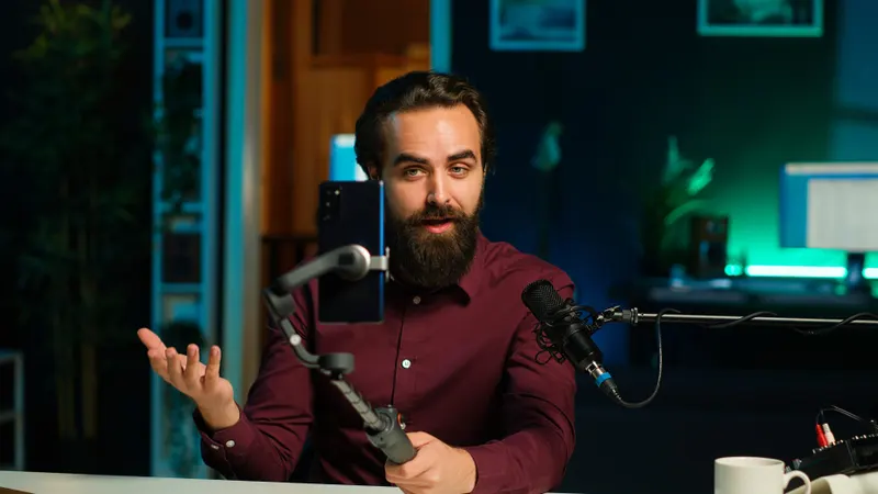 A podcast host speaking to a microphone, the source video being transcribed
